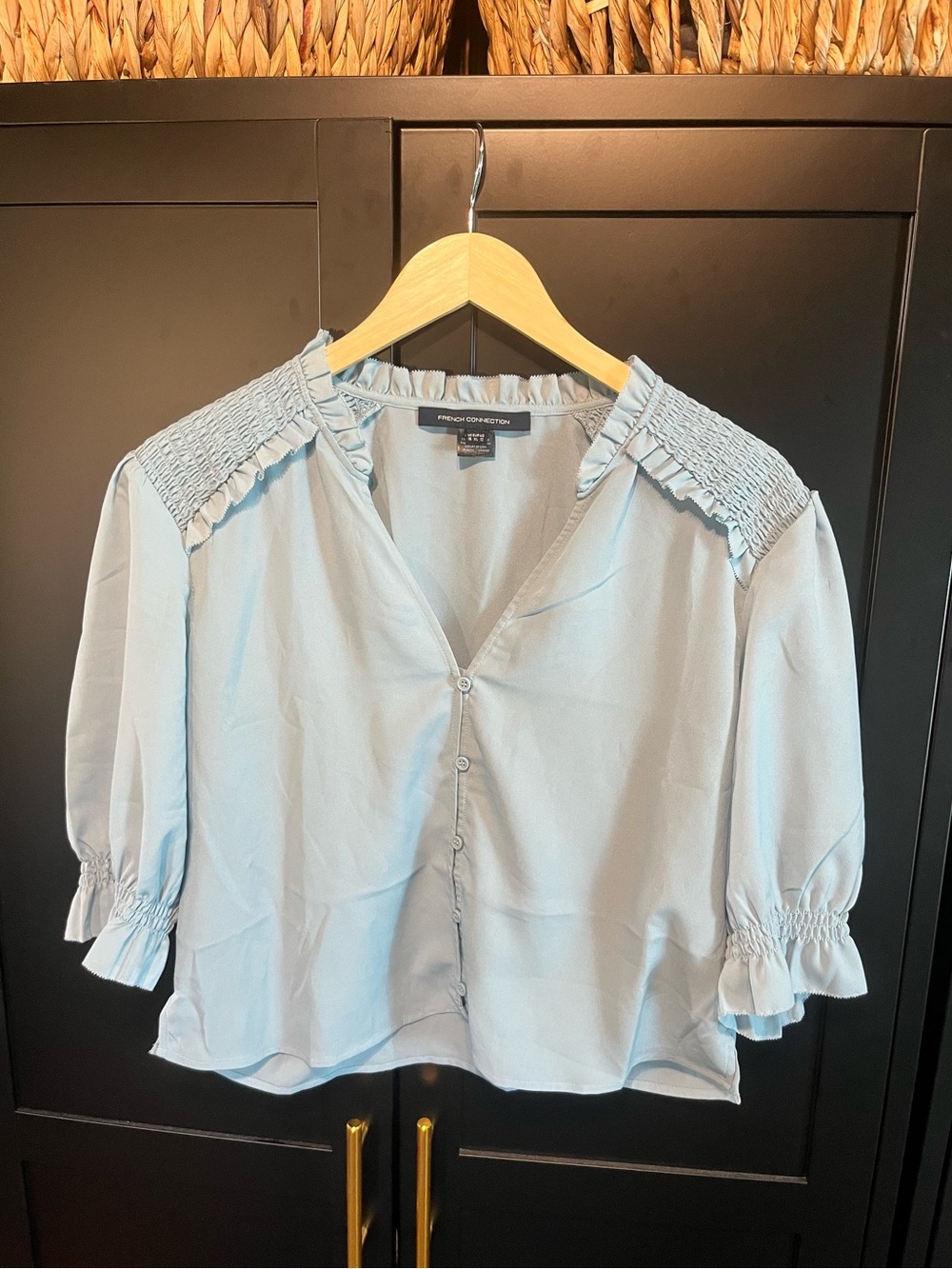 French Connection Blue Smocked Ruffle Button Front Blouse Size 12